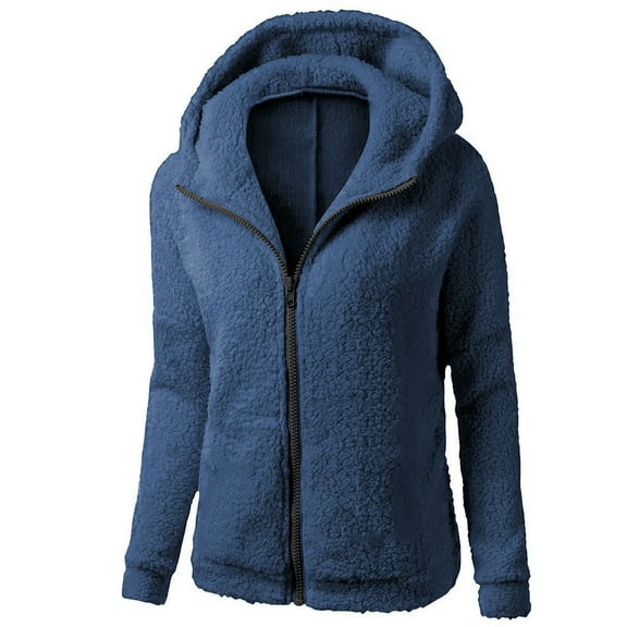 Lovskoo Womens Full Zip Up Hoodie Fuzzy Fleece Jacket Hooded Outerwear Coat Winter Thick Warm Fluffy Coat Outwear Blue
