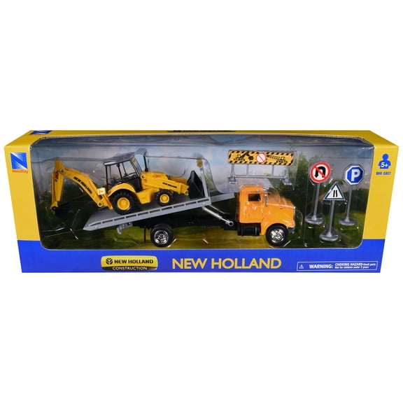 Peterbilt 335 Roll-Off Flatbed Truck and New Holland B110C Backhoe Loader with Street Signs Diecast Models by New Ray