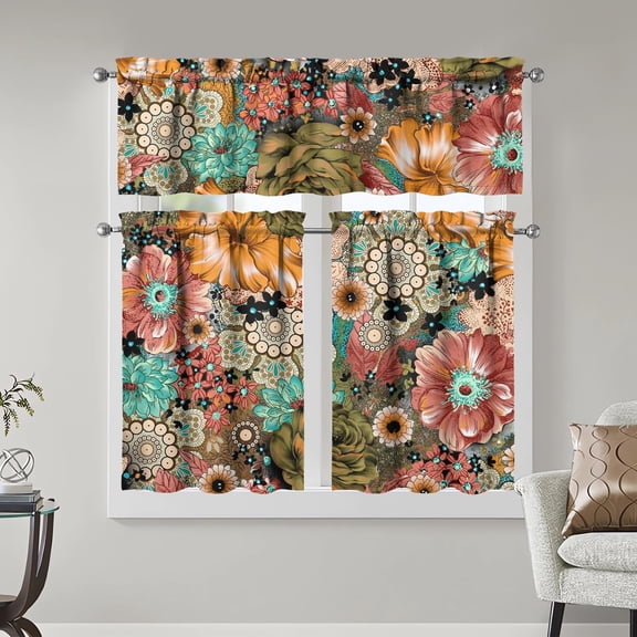 Boho Kitchen Curtains 3 Piece Set Tier Valance Window Decor | 3 Piece Kitchen Curtain Set Includes 52x18in Valance and Two 27.5x39in Tier Curtains for Kitchen, Bedroom and Living Room