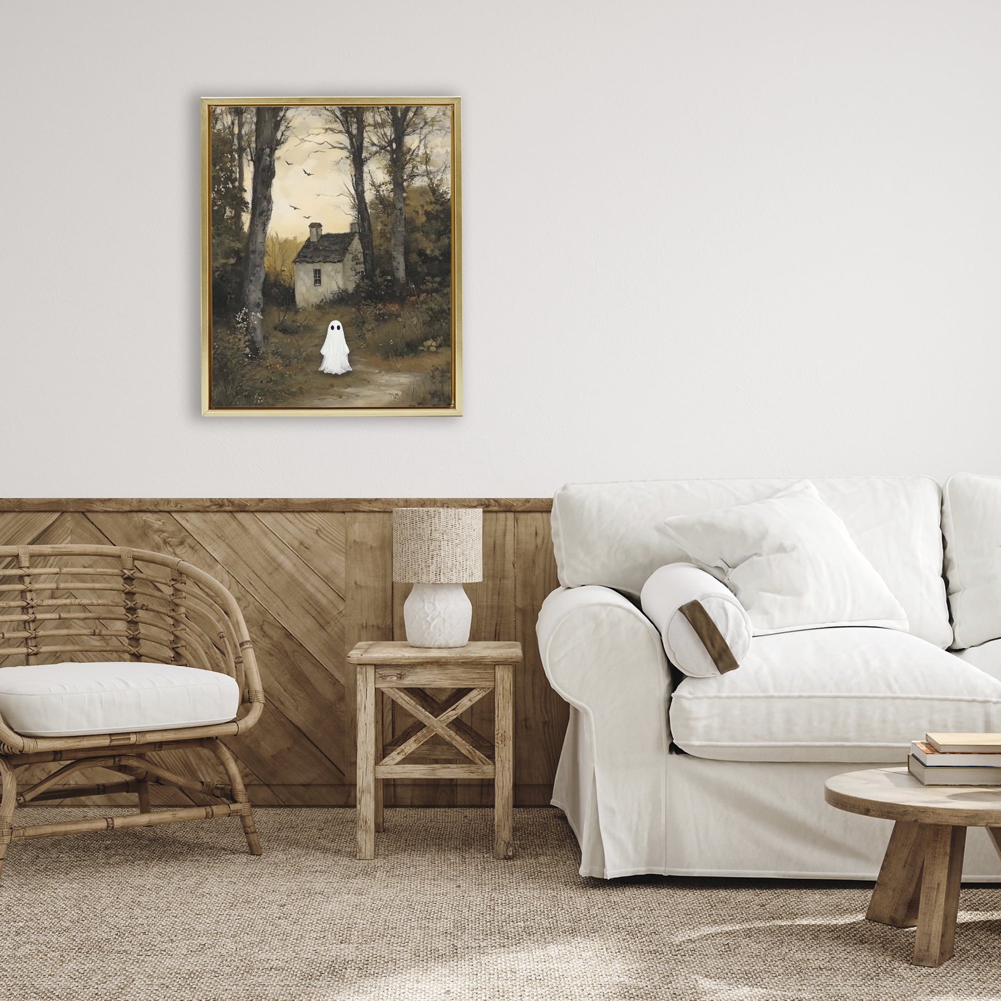 Little Ghost in Cottage Forest Gold Framed Floater Canvas Wall Art, design by Arlington Prints