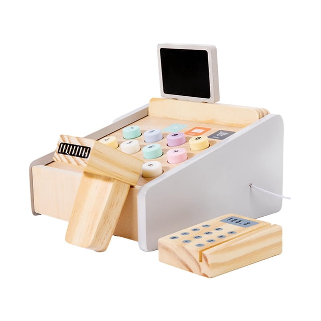 HILABEE Wooden Cash Register Set Educational Checkout Counter Shopping Cashier Role Play