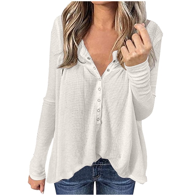 Yuyuzo Womens Long Sleeve Fall Tops Half Button V Neck Loose Fitted Shirts Comfy Textured Blouses