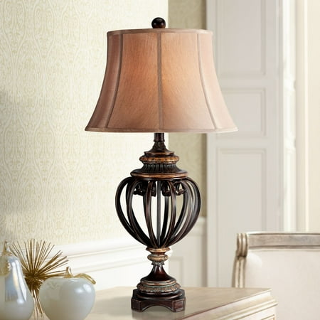Iron Urn - Barnes and Ivy Traditional Table Lamp Iron and Bronze Open Urn Tan Cut Corner Square Shade for Living Room Family Bedroom Bedside