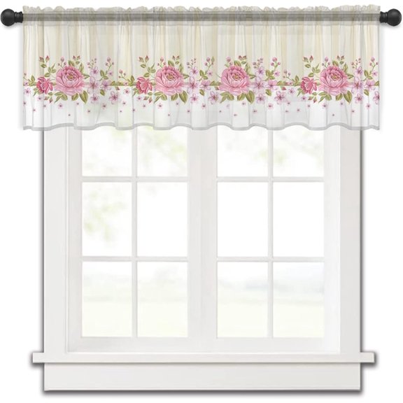 Sheer Valance Curtains for Kitchen Living Room Decor, Mother''s Day Pink Flowers and Light Yellow Stripes Semi Sheer Curtain Voile Valance Rod Pocket Window Treatment Short Curtain Panel 54"x18"