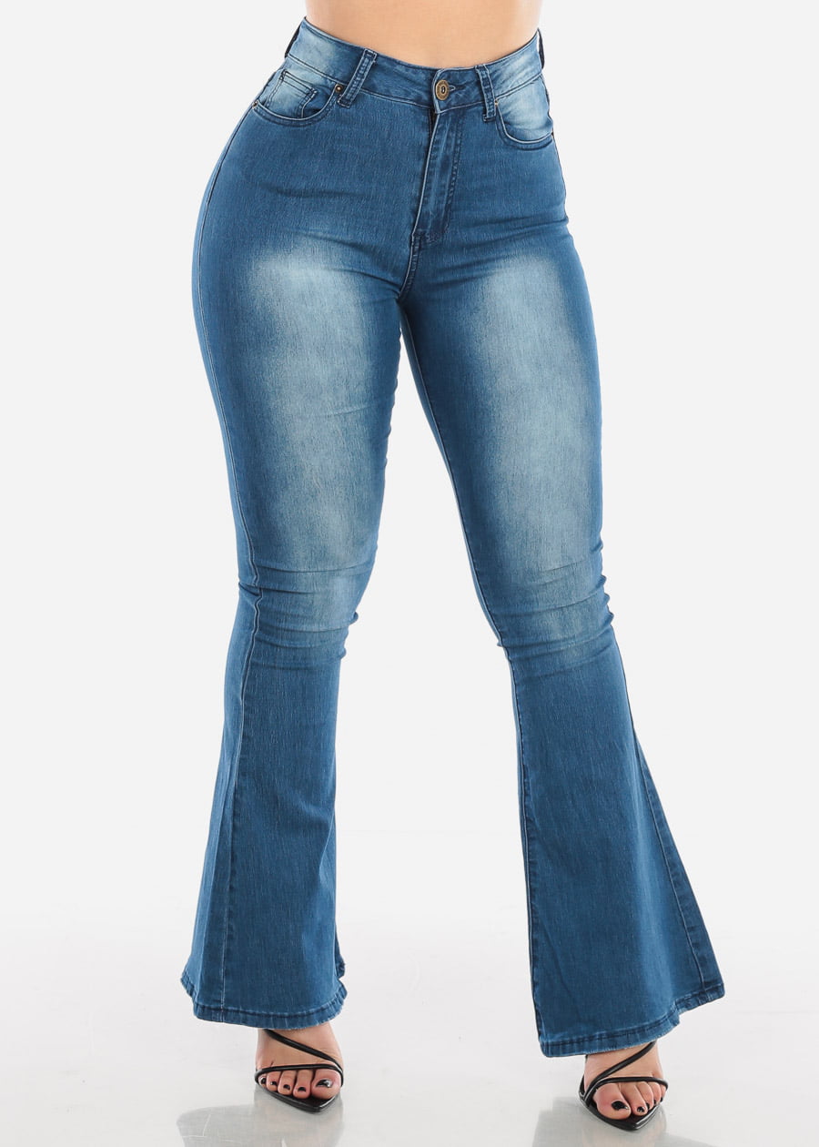 Moda Xpress - Womens High Waisted Jeans Wide Legged Med Wash 10059B ...