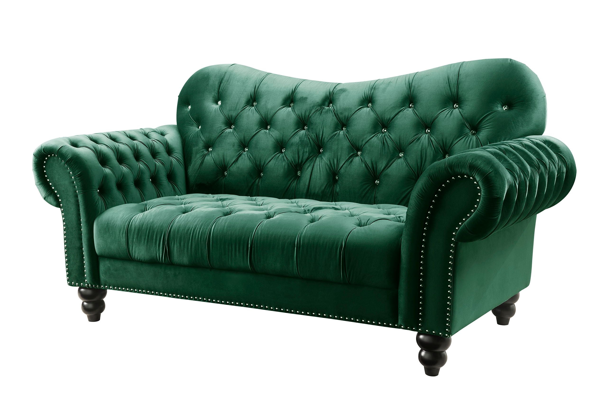 Elegant Blue Velvet Chesterfield Loveseat with Nailhead Trim and Rolled Arms