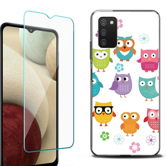 Slim-Fit Protective Fashion Phone Case (Black) for Samsung Galaxy A03s, with Tempered Glass Screen Protector, by OneToughShield ® - Happy Owl