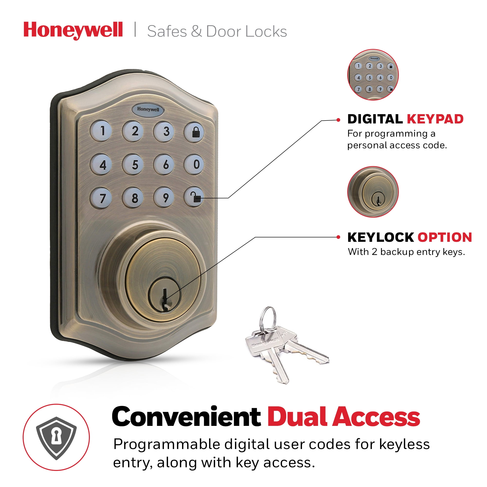 Honeywell Electronic Entry Deadbolt Door Lock, Antique Brass