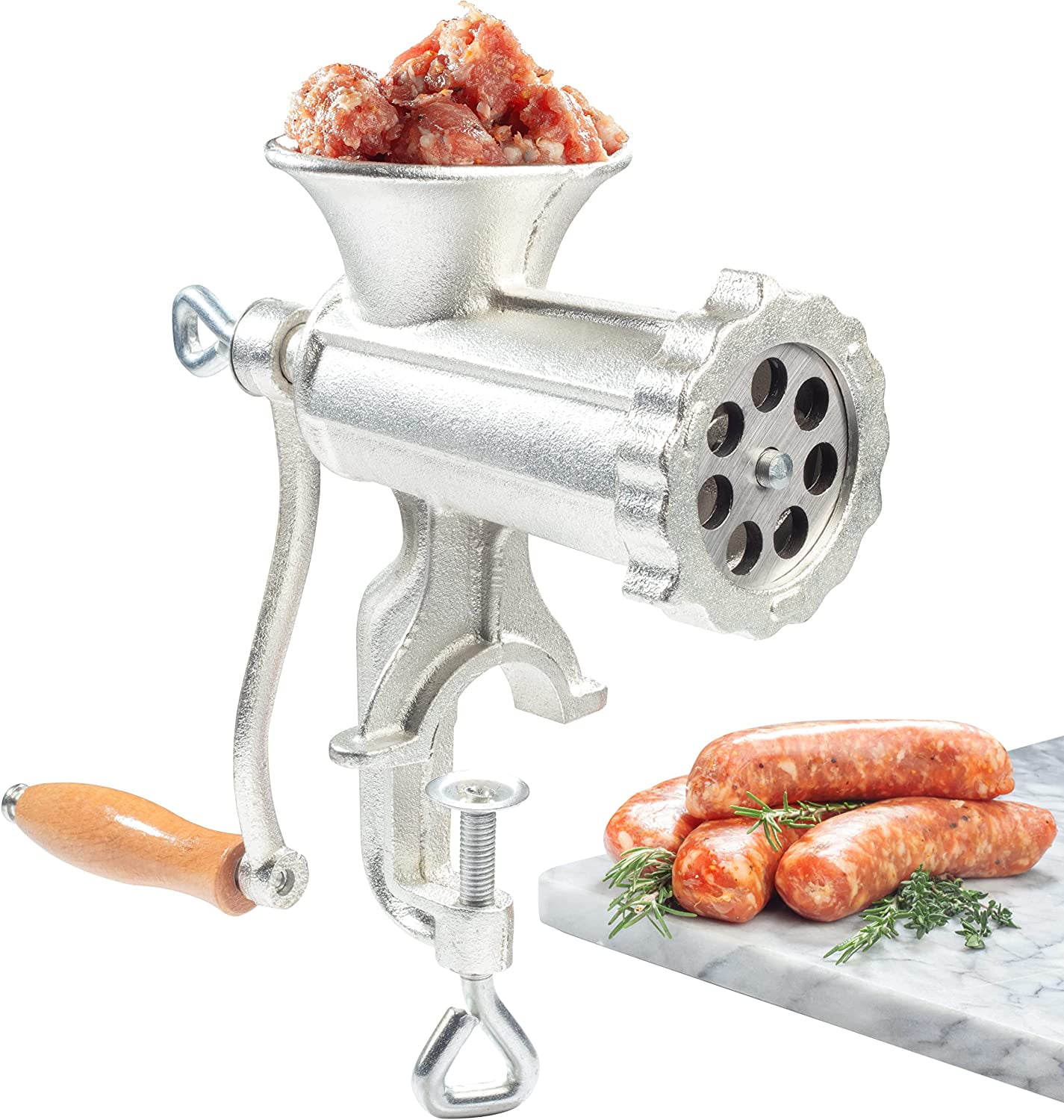 CucinaPro Meat Grinder with Table Top Clamp & 2 Cutting Disks, Cast Iron Heavy Duty Sausage Maker and Meat Mincer
