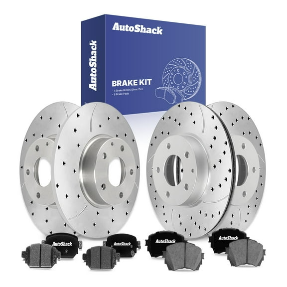 AutoShack Front Vented & Rear Solid Drilled & Slotted Silver Zinc Coated Brake Rotors   Ceramic Pads 12-PC Brake Kit Replacement for 2017-2018 Mazda 3 SilverShield Pro