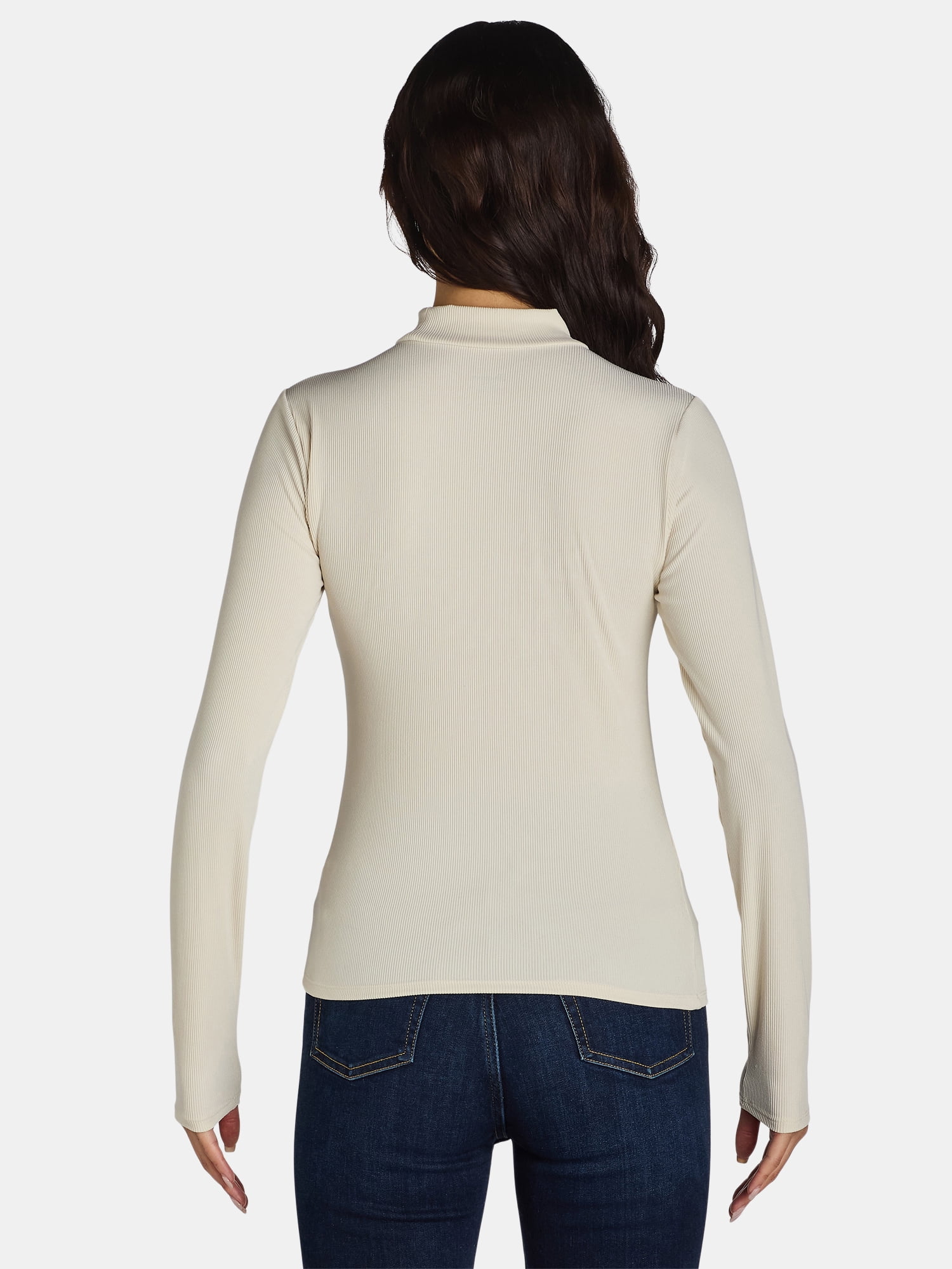 No Boundaries Ribbed Mock Neck Top with Long Sleeves, Women’s and Women’s Plus