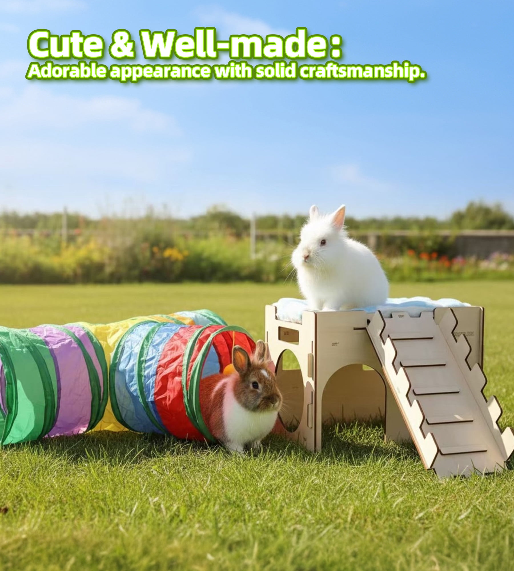 HIIMALEX Castle&Tunnel&Bed 3-in-1 Bunny's Gift Box: Extra Large Wooden Bunny Hideout with Ramp, Collasiple Tunnel and Soft Bed for Rabbit Guinea Pig Ferret Gerbil Hedgehog to Play Hide and Rest