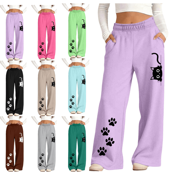 LUGOGNE Girls Wide Leg Sweatpants Fleece Lined Warm Lounge Pants Cute Cat Graphic Kids Bottoms with Pockets Purple,Size 7