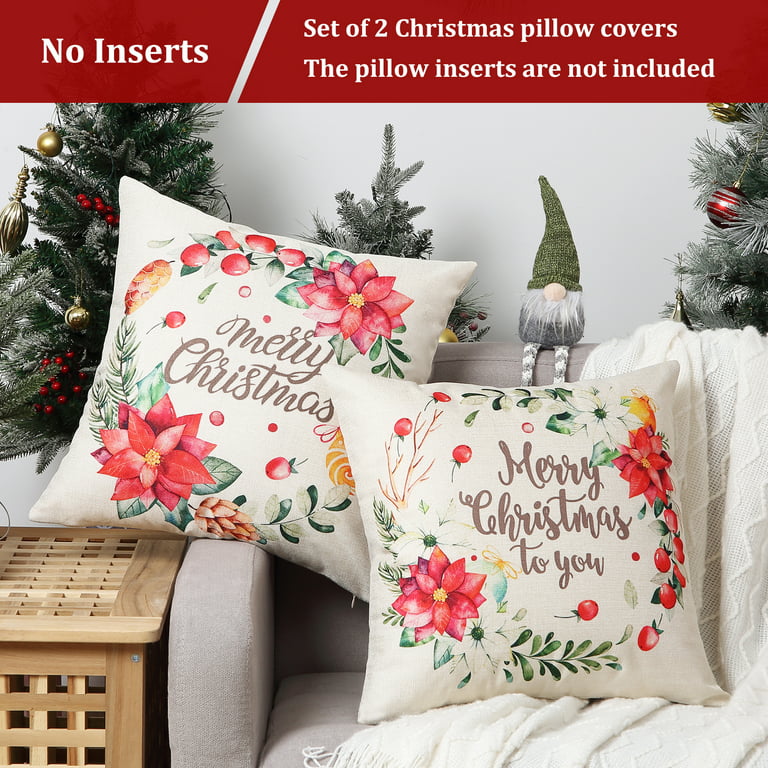 GlowSol 2 Pack 18x18 Christmas Pillows Throw Pillow Cover Wreath Pattern  Square Farmhouse Home Decoration Cushion Cover for Living Room Bedroom,  Beige 