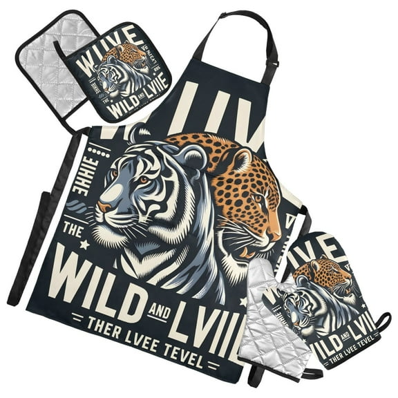 Tiger Leopard Wildlife 5 Pcs Kitchen Set Heat Resistant Oven Mitts and Non-Slip Pot Holders with Adjustable Cooking Apron