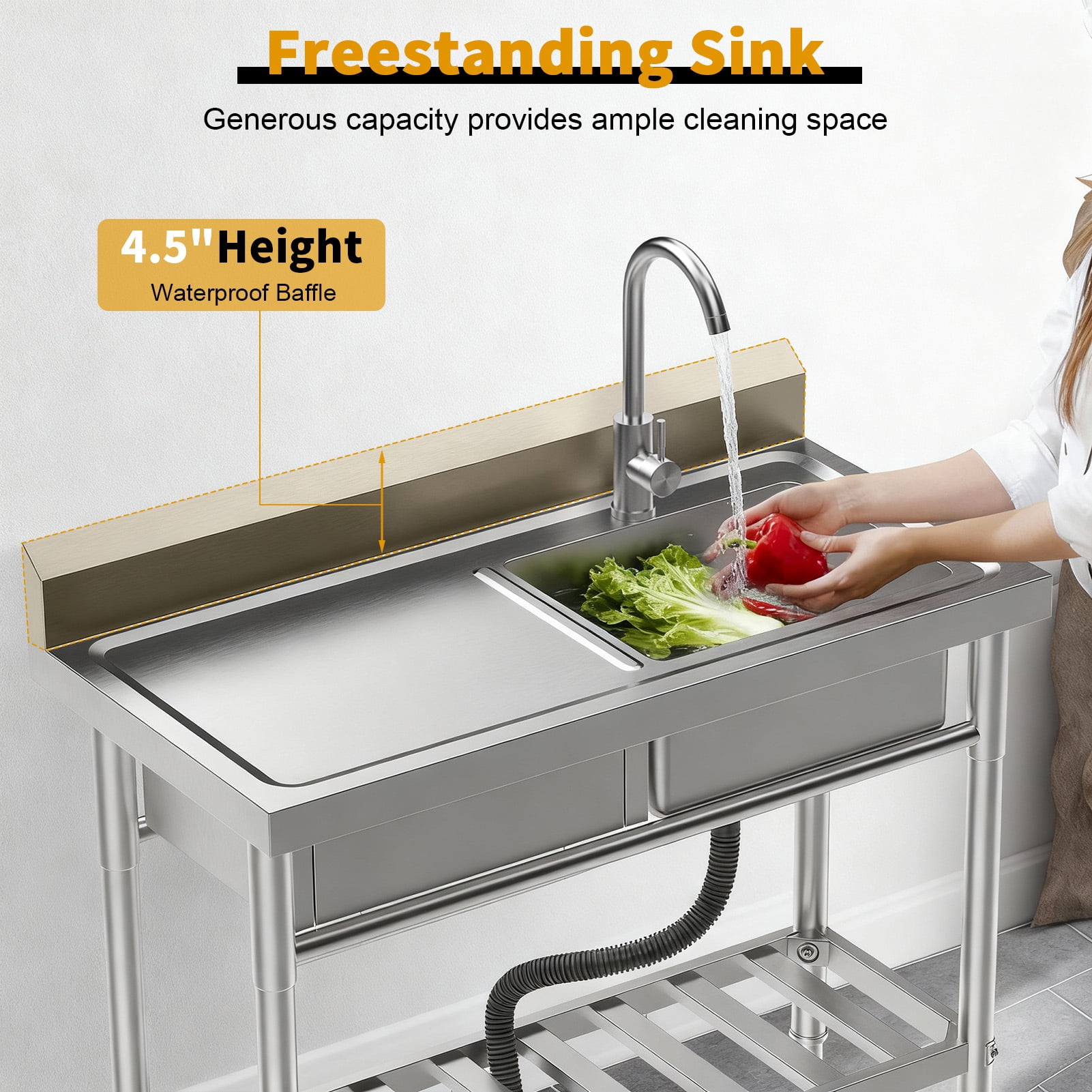 SHUO Y - Stainless Steel Sink with Drawer, Bottom Shelf, 39-Inch Free Standing Utility Sink with Cold Hot Water Faucet Hose, Single Bowl Sink for Indoor, Outdoor, Kitchen, Laundry Room