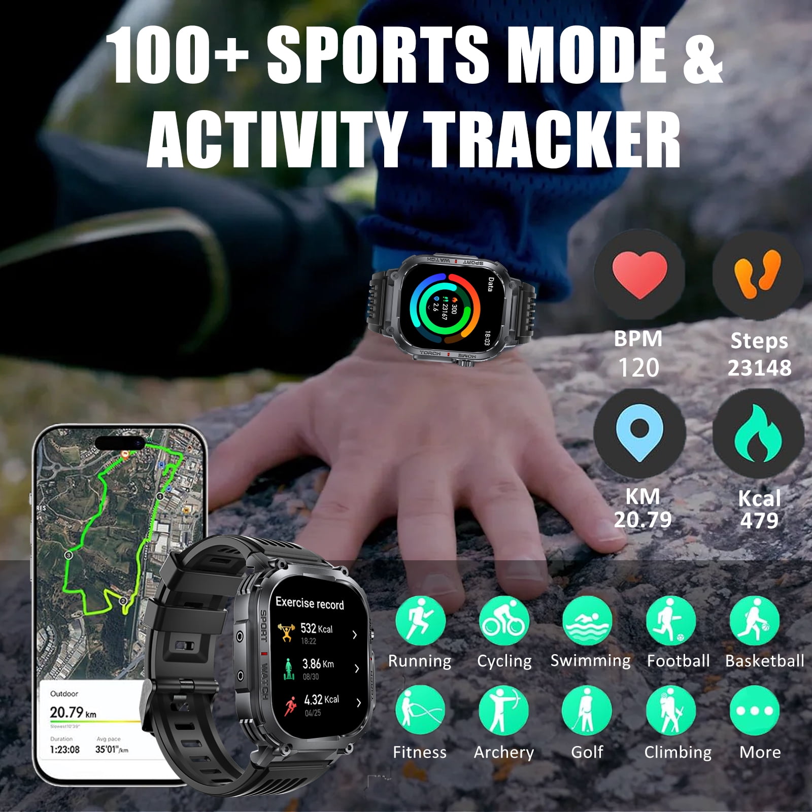 PAKRYS Military Smart Watch for Men, with 3ATM Waterproof(Answer/Make Call), 2.02'' Smartwatch with 100+ Sports Modes Sleep Monitor, Fitness Tracker for Android iOS