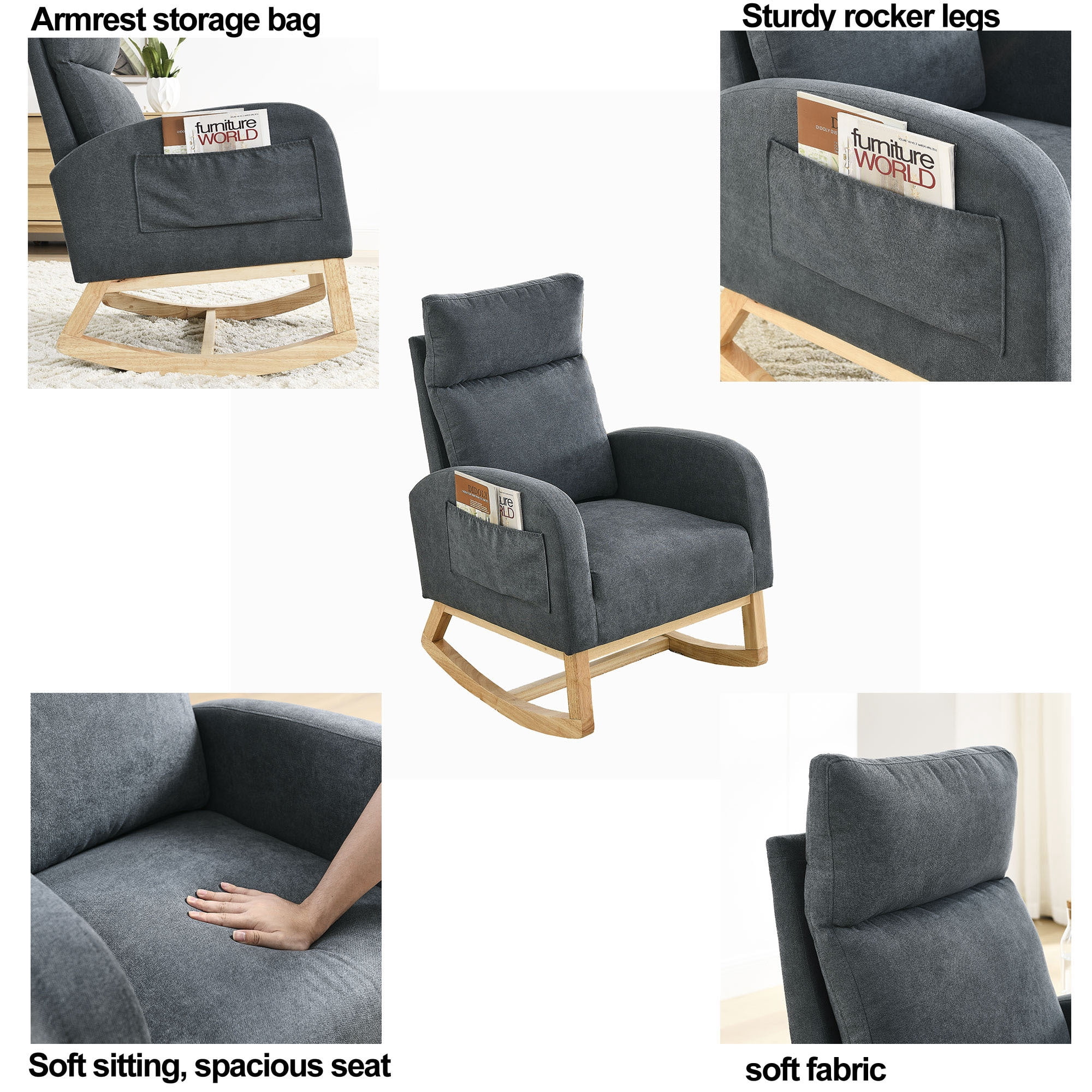 Modern Rocking Chair for Nursery,Accent Glider Chair with High Backrest & Two Side Pockets & Solid Wood Legs,Dark Gray