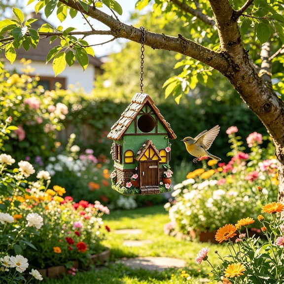 Resin Hanging Bird House Outdoor Decorative Birdhouse Small Bird Shelter Wren Bird Home for Garden Patio Yard Tree Fence Rainproof Breathable Design Easy Installation Green