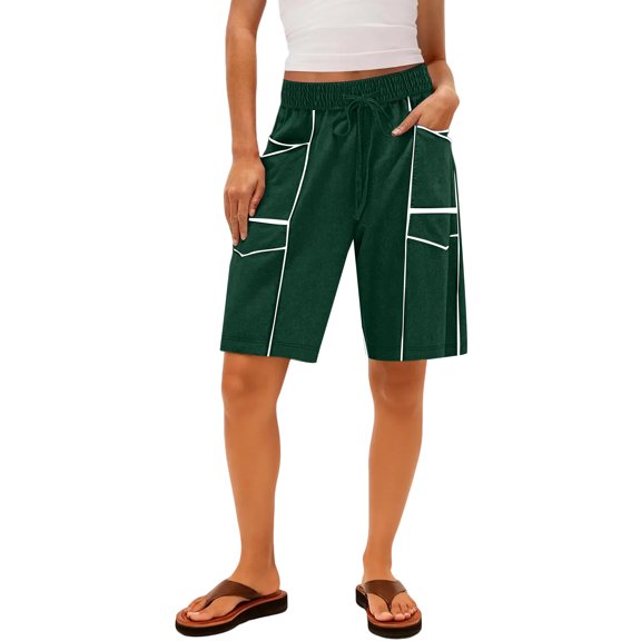 Fabrcox Bermuda Shorts for Women Patchwork Curve Biker Shorts for Women Striped Elastic Waist Women's Cargo Shorts with Multiple Pockets