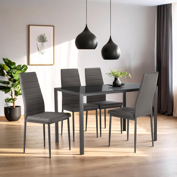 Kingshouse | Set De Comedor 4 Sillas Y Mesa De Vidrio – Lexus – Estructura De Metal – 4 Personas – Diseño Moderno – Negro