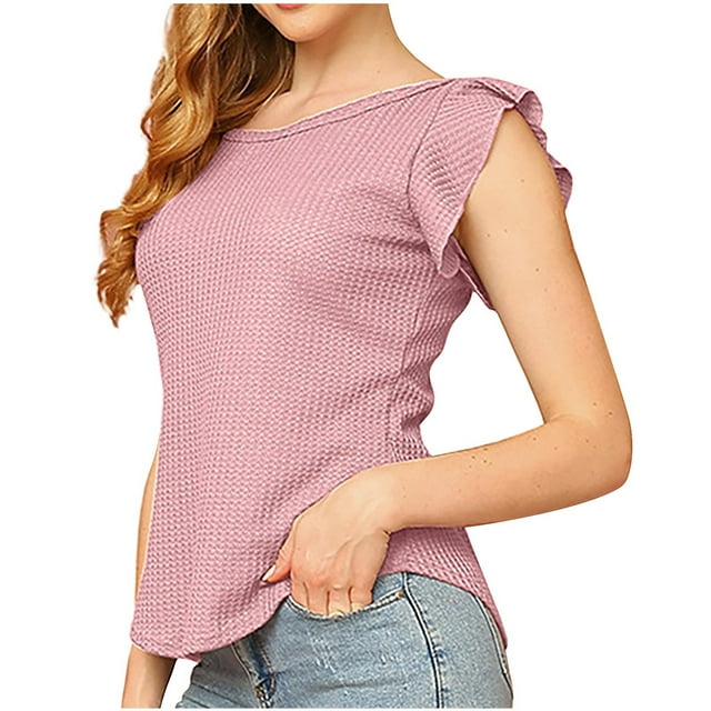 FAIWAD Women's Summer Ruffle Cap Sleeve Tank Tops Casual Round Neck Ribbed Knit Sleeveless Blouses