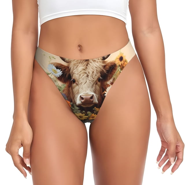 Fotbe Bucket Flower Cow Tanga Sin Costuras para Mujer con Estampado – Panties Invisibles, Transpirables y Cómodos para Uso Diario-Medium