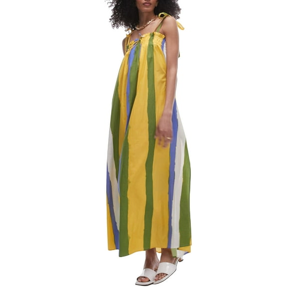 Gupgi Women's Long Slip Dress Summer Tie Spaghetti Strap Stripe Print Flowy Dresses