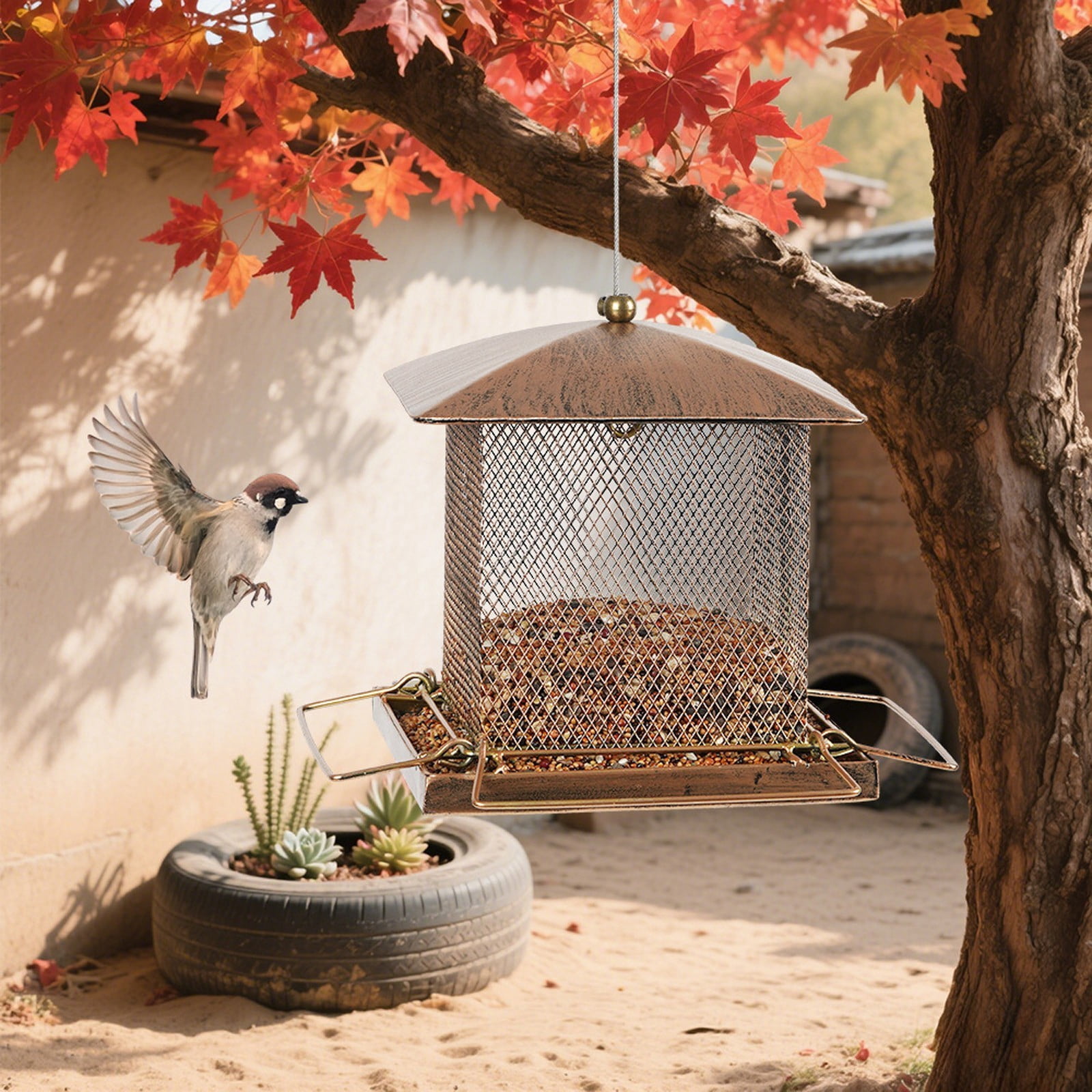 Heavy Duty Metal Bird Feeder | Antique Copper Outdoor Hanging Standing Garden Squirrel-Proof Feeding Station | Integrated Water Food Feeder | 7x11x17.7in
