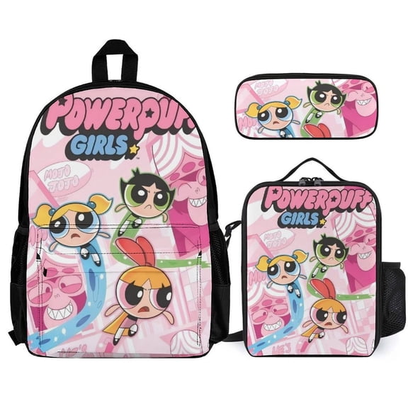 The Powerpuff G-i--r-l-s Fun cartoon three-piece backpack set: includes backpack lunch box and pencil case One size