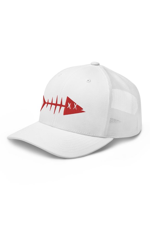 Adult Unisex 3D Puff Embroidered Red Fish Adjustable White Retro Trucker Cap