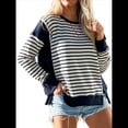 thumbnail image 3 of Sudadera Informal de Larga con Cuello Redondo y Rayas de Color Block para Mujer. Azul Oscuro XL, 3 of 8
