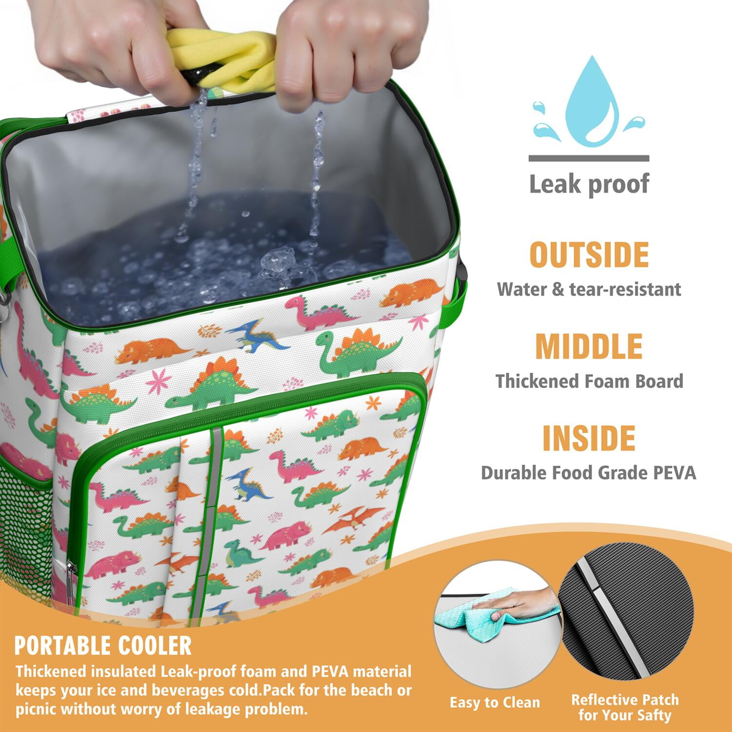 Travel Cooler Bag - White Dinosaurs Flowers Pattern Camping Beer Cooler Backpack with Bottle Opener- Waterproof Insulated Picnic Backpacks - Cooler Bag for Beach