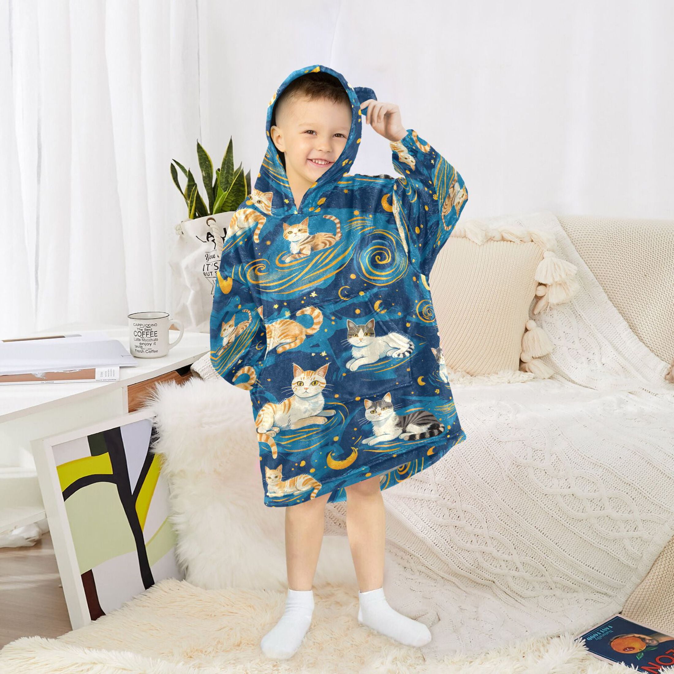 Dailycode Wearable Blanket Hoodie Oversized Sherpa Flannel Blankets with Pocket for 3-14 Year Old Cartoon Cats and Starry Sky