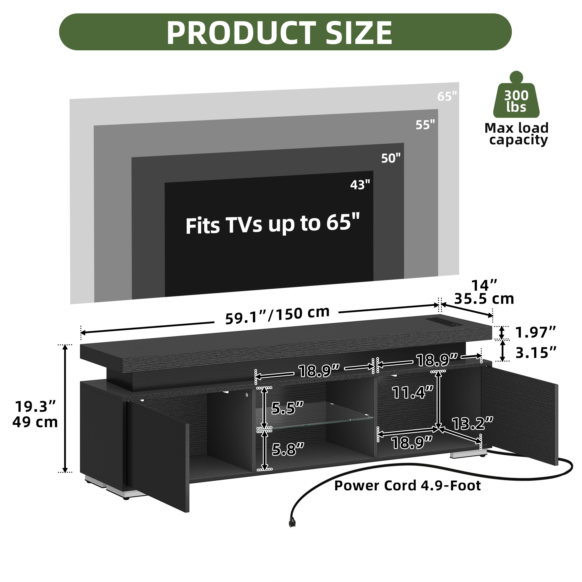 Uforic TV Stand for 65 inch TV with LED Light, Modern Entertainment Center TV Console Media Cabinet, Black