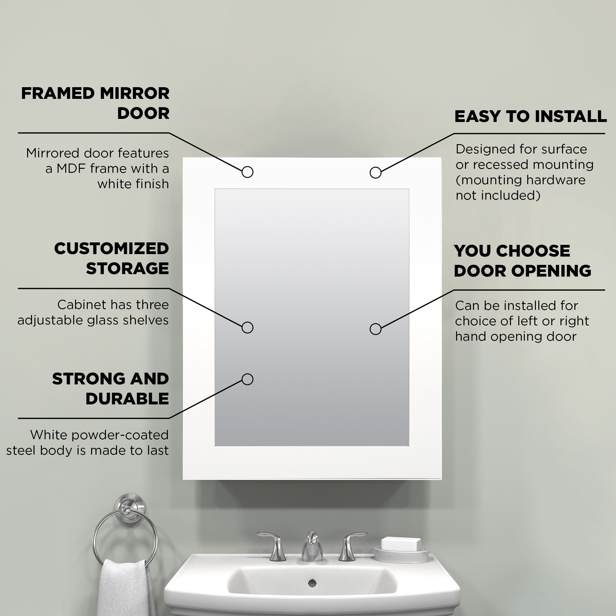 Zenna Home Recessed/Wall Mount Framed Mirror Medicine Cabinet, 24.5" x 30.5", White