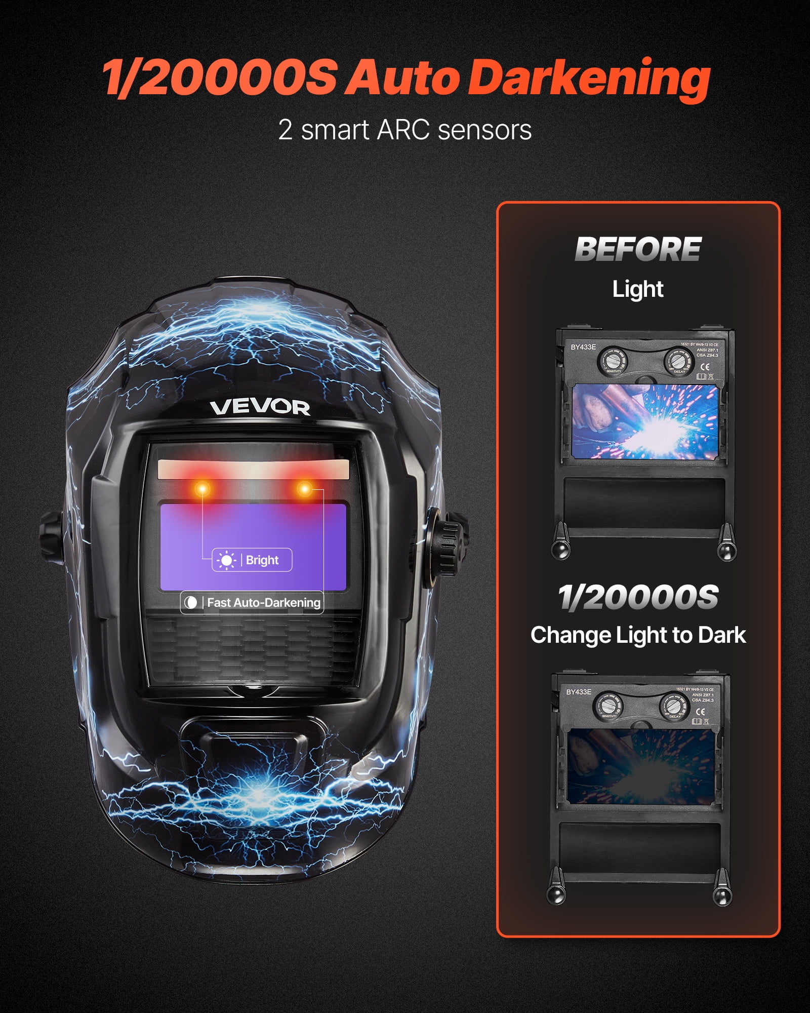 VEVOR Welding Helmet Auto Darkening, 3.66" x 1.69" True Color Welding Hood, Solar Powered Welder Mask 2 Arc Sensors,Shade 4/9-13 for TIG MIG ARC Weld Grinding - CRIUS Series (Blue Lightning Pattern)