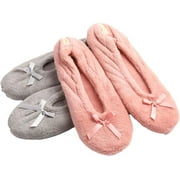 Roxoni Women's Terry Classic Cotton & Velour Ballerina Slippers Pack of 2 - Grey/Pink - 10.5-11.5
