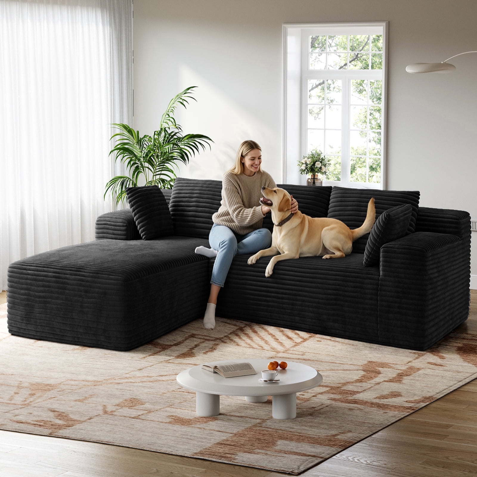 Patbrela 106" Sectional Couch for Living Room, L-Shaped Boneless Cloud Couch Corduroy Modern Sectional Sofa with Deep Seat and Thickened Cushion, No Assembly Required, Black