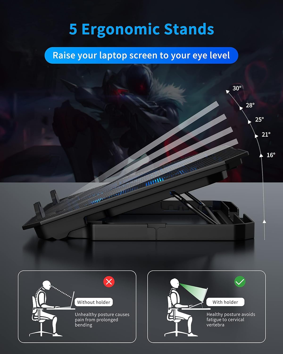 Laptop Cooling Pad for 12-15.6 Inch, 6 Cooler Fans with Blue Lights, Laptop Cooling Stand with 2 USB Ports (Blue)