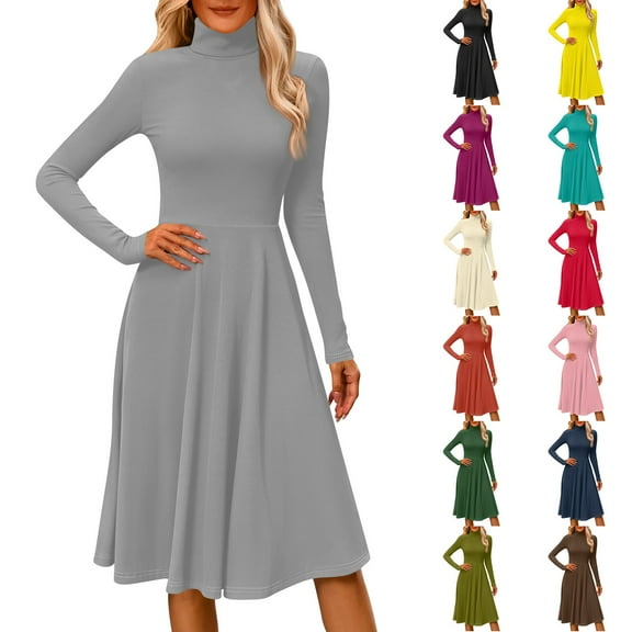 Women's Casual Fashion High Neck Long Sleeve Solid Color Midi Dress, Fall and Winter Comfortable Dress for Casual Outings, Soft and Breathable Fabric,Army Green,L