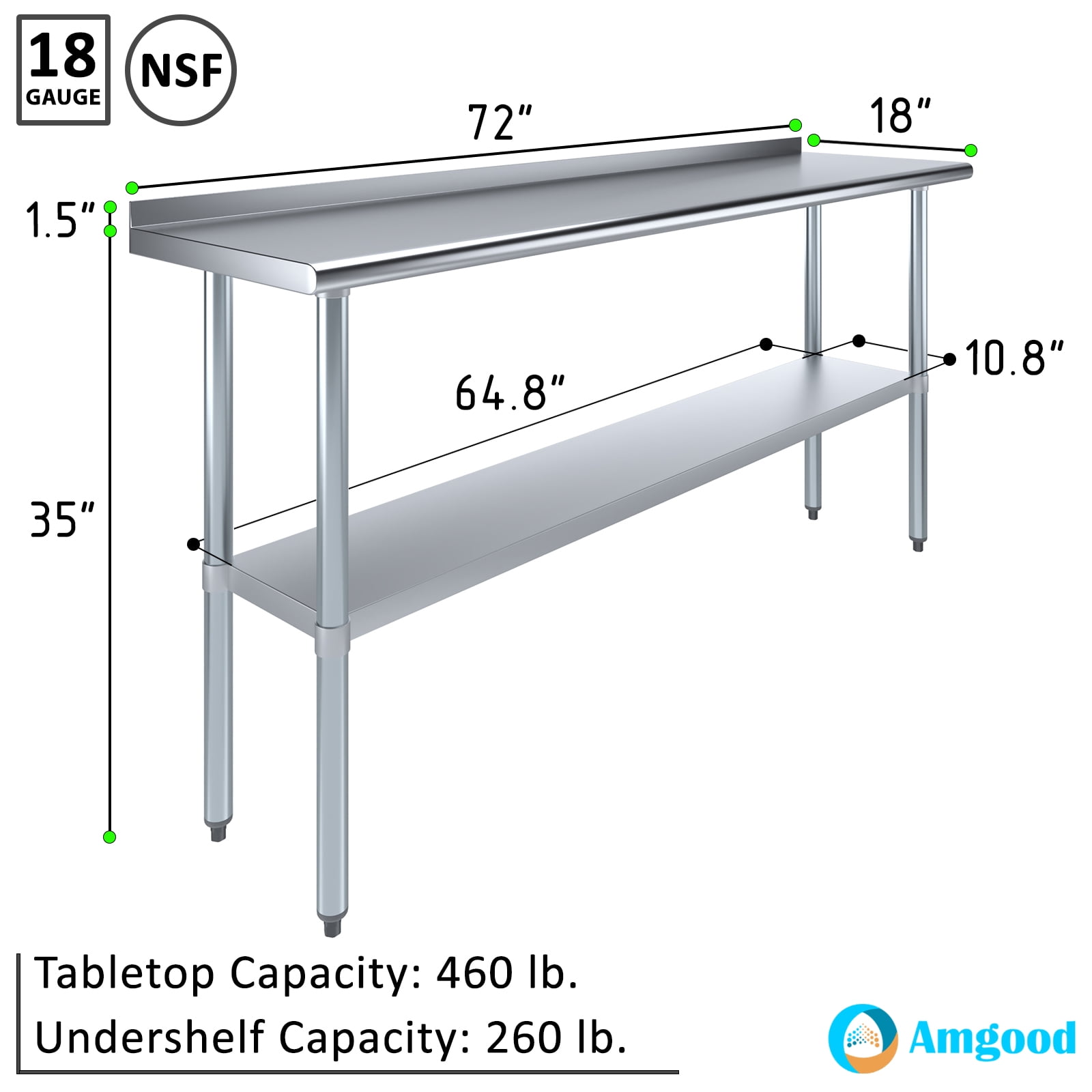 AmGood 18 in. x 72 in. Stainless Steel Work Table with 1.5 in. Backsplash | Metal Kitchen Food Prep Table