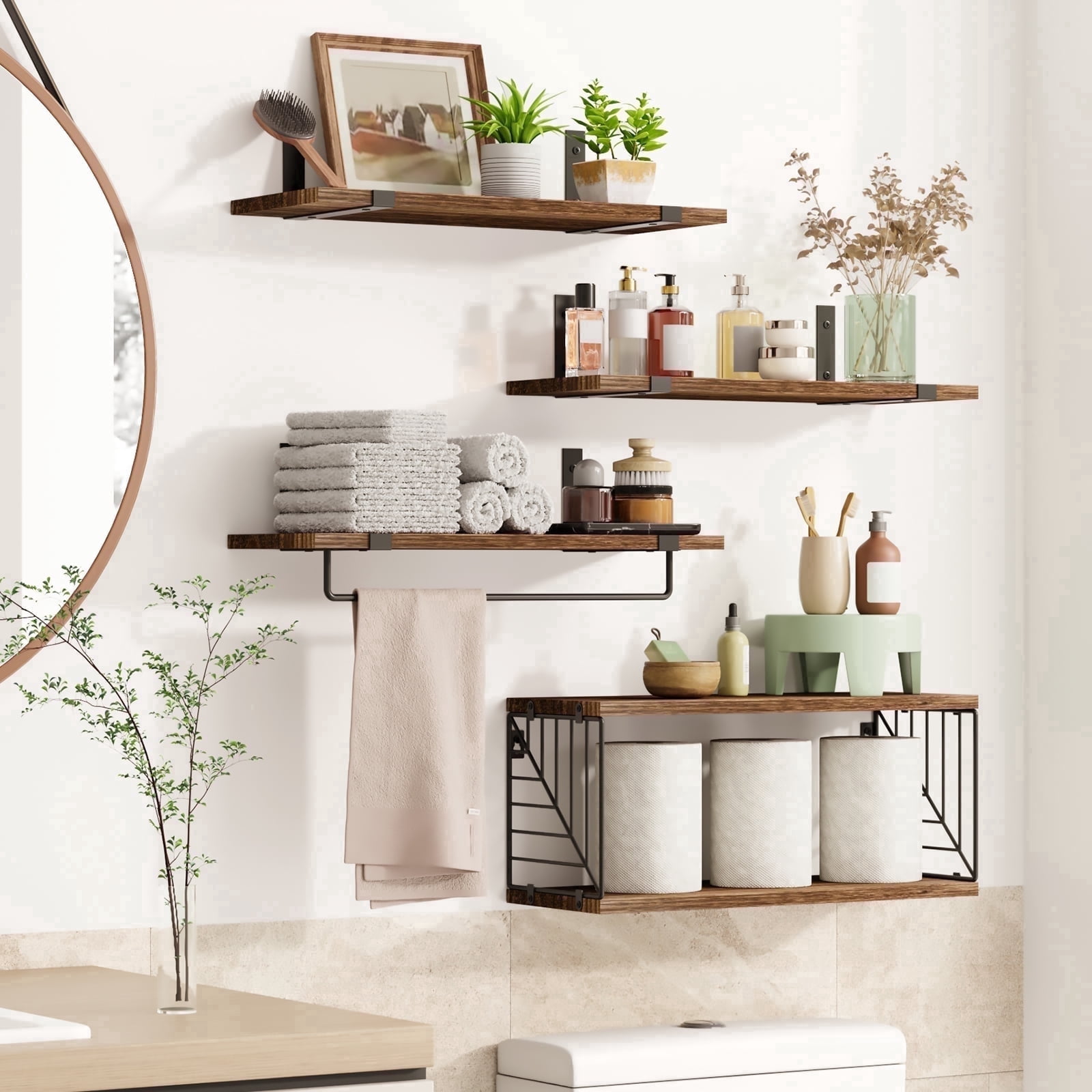 Fairy 4+1 Tier Bathroom Floating Shelves Over Toilet, 15.8in Wall Shelves for Bathroom, Living Room, Bedroom and Kitchen (Dark Brown)