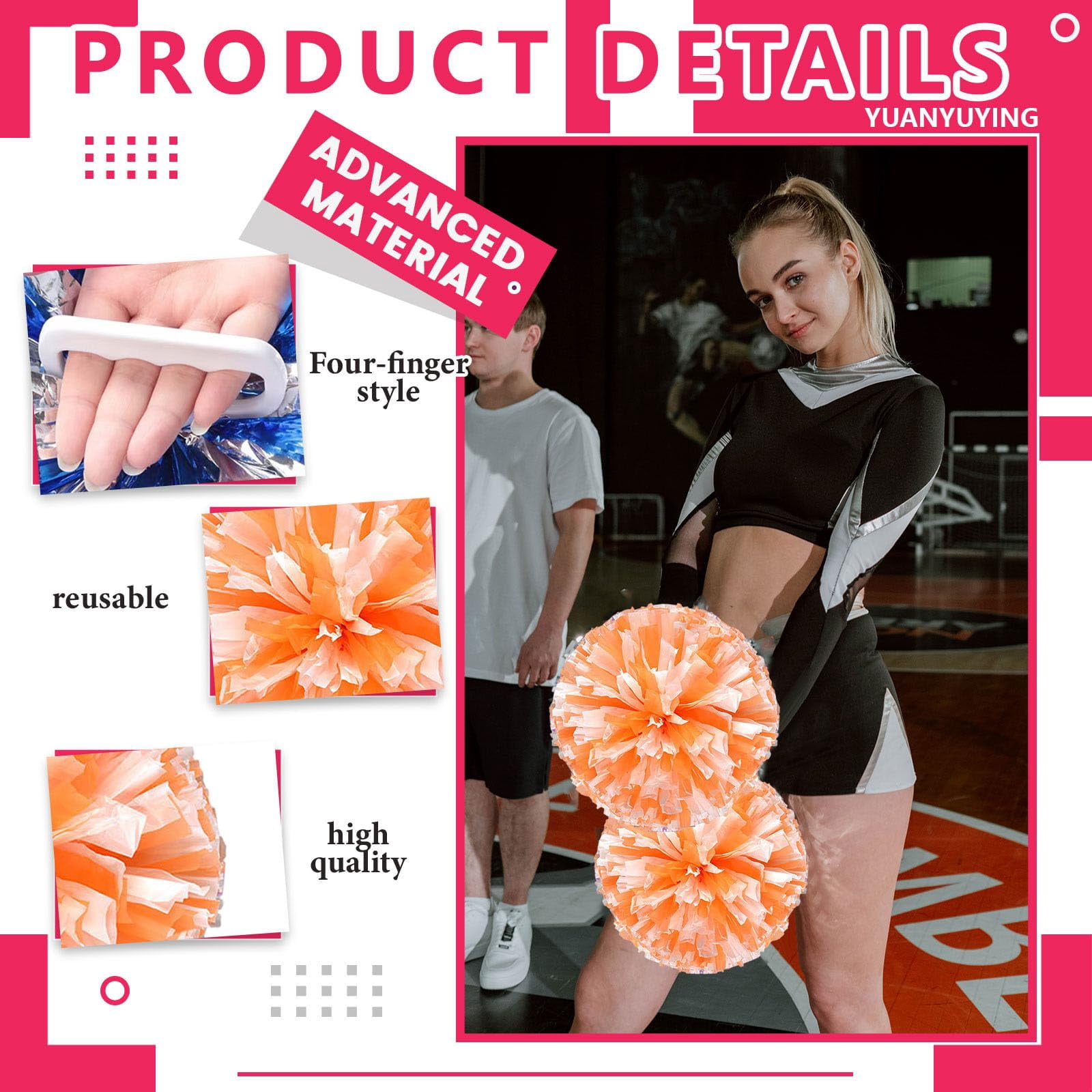 Cheer Pom Poms 8 Pcs Four Finger Handle, Cheerleading Handheld Squad Pompoms for Sports Team Cheer Spirit Games Dance Party Adults