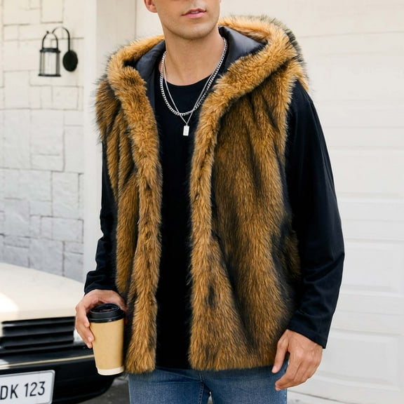 YueHuiYing Mens Faux Fuzzy Sleeveless Jacket Fluffy Cardigan Coat Winter Warm Thicken Lined Outwear