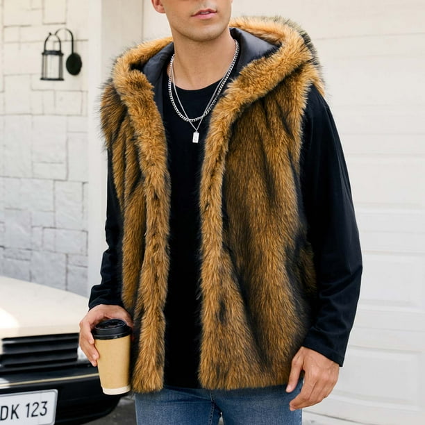 Ceisia Men's Loose Fit Faux Fur Hooded Vest with Vertical Stripe Texture Gift