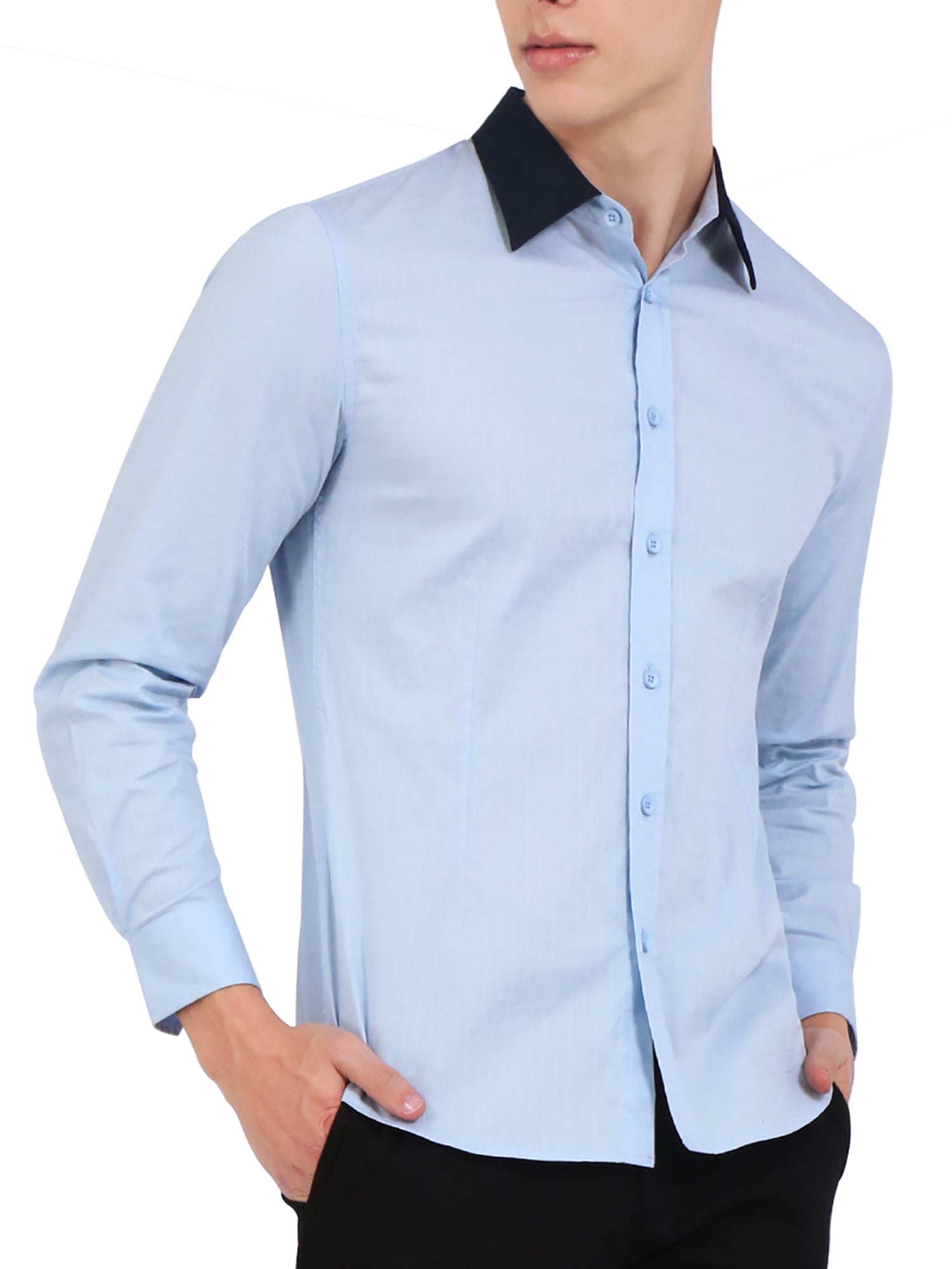 Men Contrast Dress Plaid Long Sleeve Button Down Shirt Light Blue ...
