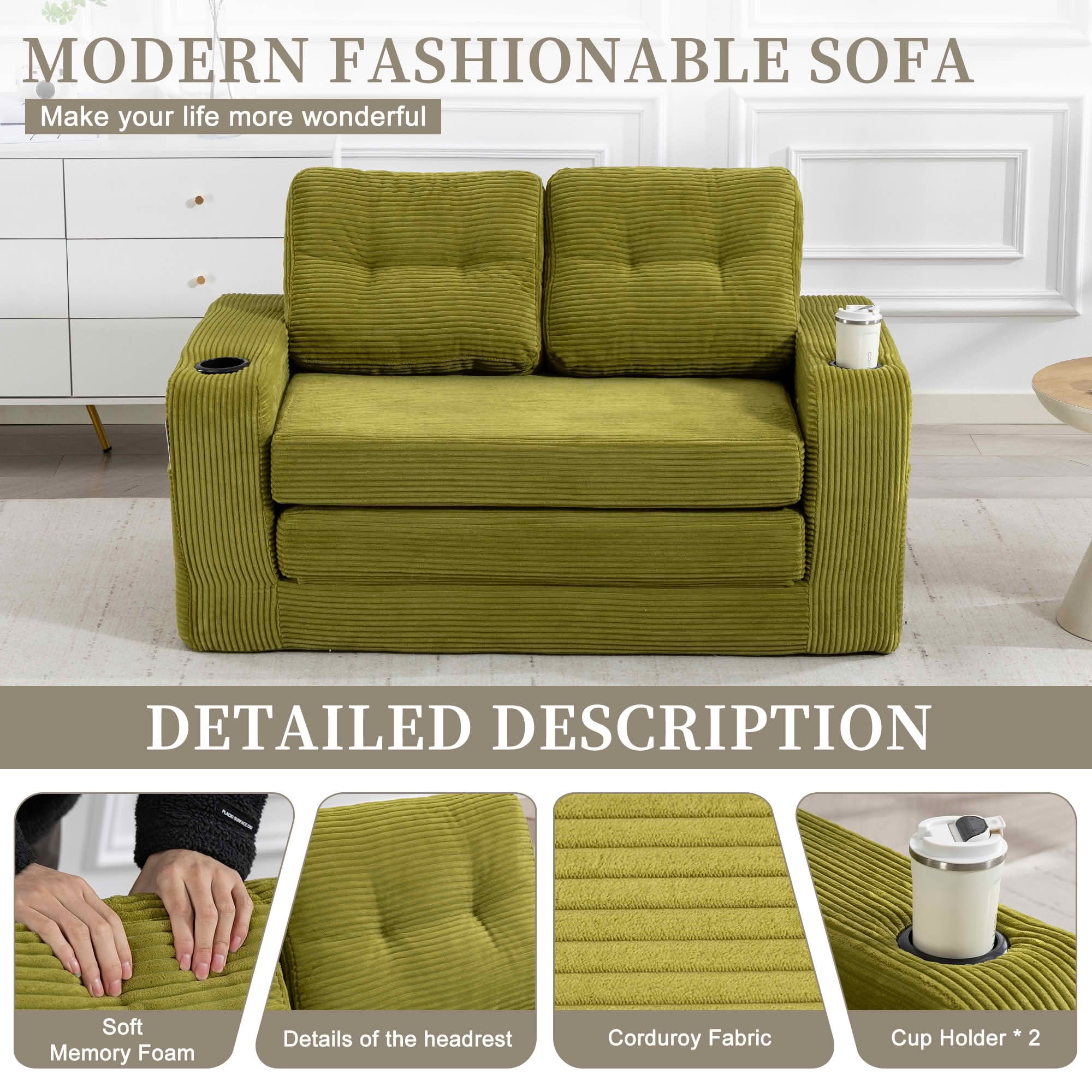 MAYEERTY 2-in-1 Convertible Expandable Sofa Bed, Fold Out Corduroy Floor Couch with Pillows, Side Pockets & Cup Holders for Bedroom Small Living Room