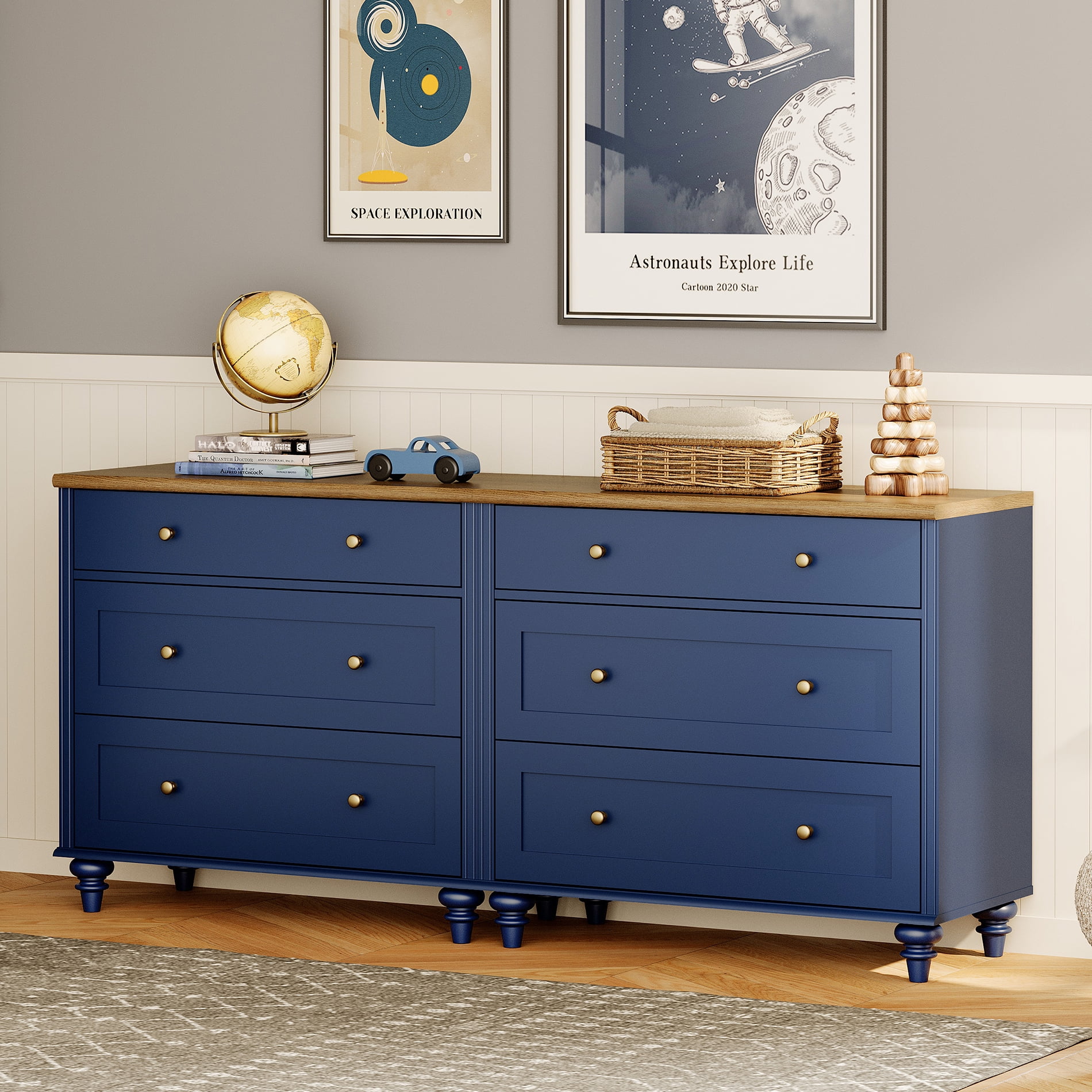 Dresser for Bedroom with 6 Drawers, Kids Dressers with Wide Chest of Drawer, Mid Century Modern Wooden Closet Storage Organizer, Large Wood Dressers for Living Room, Nursery, Hallway, Navy Blue