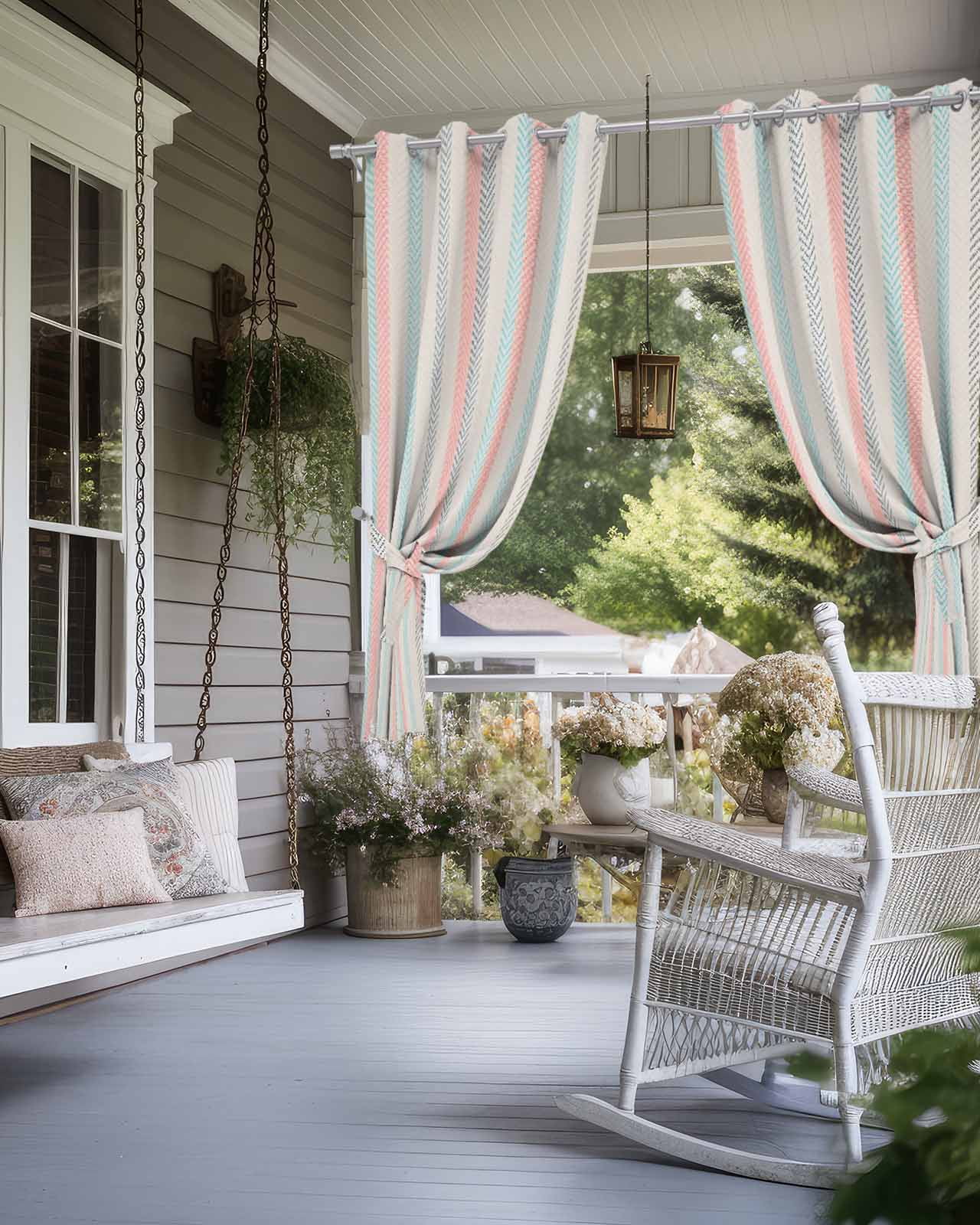 Pink Blue Gray Outdoor Curtains for Patio, Beige Vintage Simple Abstract Stripes Privacy Drapes Grommet Waterproof Outside Curtains for Porch/Cabana/Balcony 54"x 108", 1 Panel